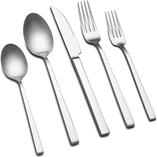 Forged Silverware Set for 8, 40-Piece Stainless Steel Matte Satin Finish Flatware Set Silverware Cutlery Set Tableware Modern Kitchen Utensils Set for Home Restaurant, Dishwasher Safe