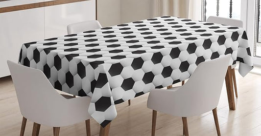 Ambesonne Sports Tablecloth, Soccer Ball Vivid Pattern Athletic Sport Themed Geometrical Modern Design, Rectangular Table Cover for Dining Room Kitchen Decor, 60" X 84", White Charcoal