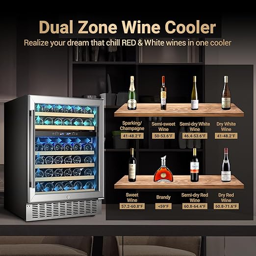 AAOBOSI 46 Bottles Wine Fridge, 24 Inch Wine Cooler with Dual Zone, Freestanding and Built-in Wine Refrigerator with Blue LED Light and Adjustable Shelves, Double-Layer Glass Door, Safety Lock