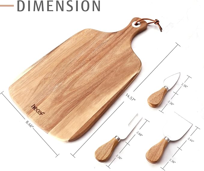 hecef Upgrade Bigger Cheese Board set of 4, a Acacia Wood Cheese Plate and 4 Pcs Knives, Charcuterie Platter Serving Tray for Appetizers, Feast, Housewarming, Cheese Serving
