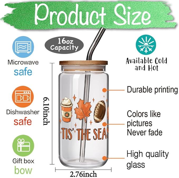Pumpkin Fall Cup 16 OZ Glass Cups w/Lids Straws, Fall Decor, Tis the Season Pumpkin Mug, Autumn Gifts for Women