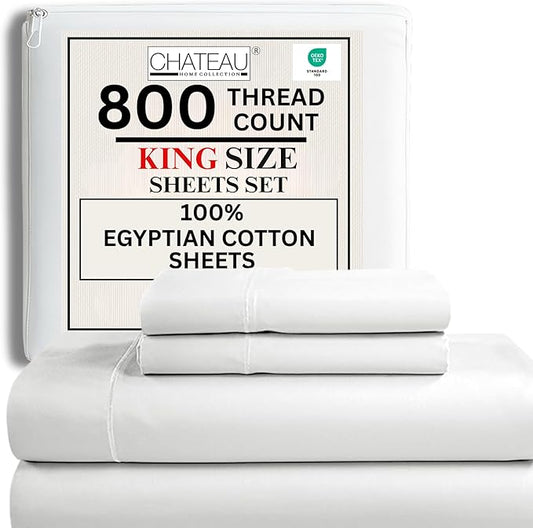 100% Egyptian Cotton Sheets King Size Sheets Set with Fully Elasticated Fitted Sheet & Pillowcase sets, 800 TC Hotel Collection Deep Pocket King Sheet Set, No Pill Soft Breathable Luxury White Bedding