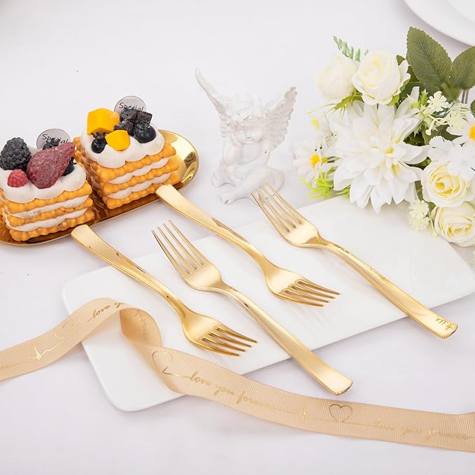 Liacere 360Pcs Plastic Forks - Heavyweight Forks - 7 Inch Heavy Duty Gold Disposable Forks- Gold Plastic Silverwar Perfect For Parties & Weddings & Thanksgiving & Restaurants And Daily Using