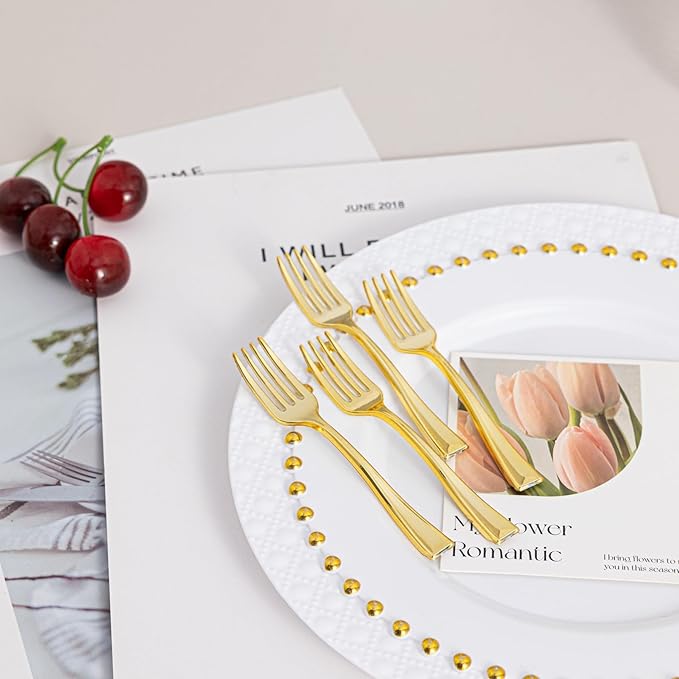 N9R 200PCS Gold Plastic Mini Forks, 4 Inches – Heavy Duty Disposable Cocktail, Dessert & Appetizer Forks, Elegant Party Serving Utensils for Tastings, Finger Foods, Weddings, Events