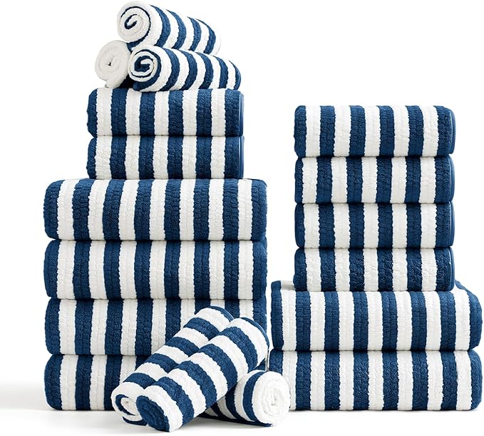 18-Piece Microfiber Bath Towels Set - 6 Bath Sheet, 6 Hand Towels, 6 Washcloths, Soft, Highly Absorbent Bathroom Towel, Quick Dry & Less Lint Shower towel for Bathroom, Hotel, Spa, Dorm-Blueberry