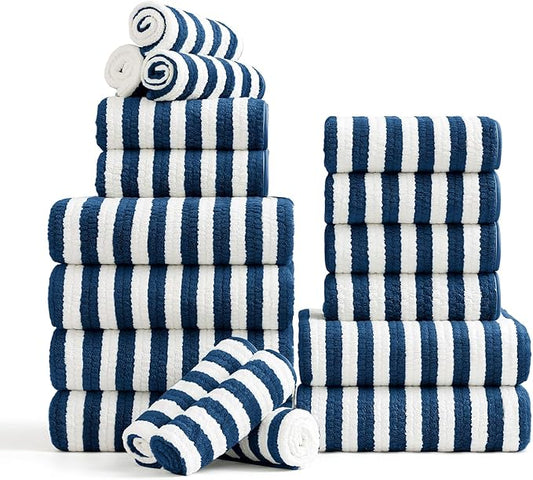 18-Piece Microfiber Bath Towels Set - 6 Bath Sheet, 6 Hand Towels, 6 Washcloths, Soft, Highly Absorbent Bathroom Towel, Quick Dry & Less Lint Shower towel for Bathroom, Hotel, Spa, Dorm-Blueberry