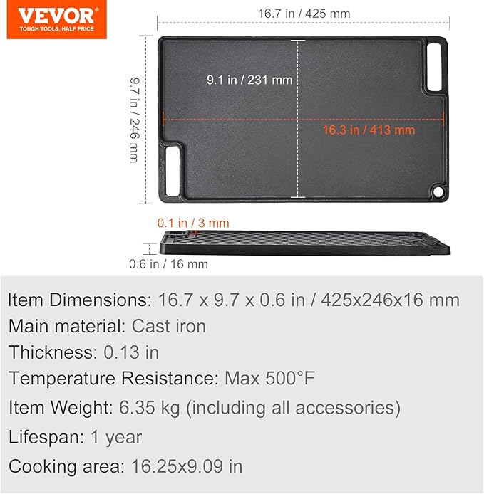 VEVOR Reversible Grill/Griddle, 17x10'' Pre-Seasoned Cast Iron Griddle, Rectangular Double Burner Griddle Pan, Non-Stick Family Pan Cookware with Handles, Flat Top Plate for BBQ, Gas Grill, Black