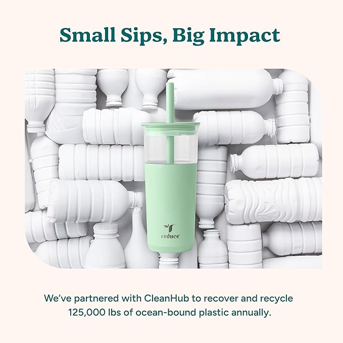 REDUCE Aspen 20 oz Vacuum Insulated Glass Tumbler with Lid & Extra Wide Straw - Keeps Drinks Cold for 12 Hrs - Ideal for Iced Coffee, Smoothies & Boba - Dishwasher Safe, Soft Base - Matcha