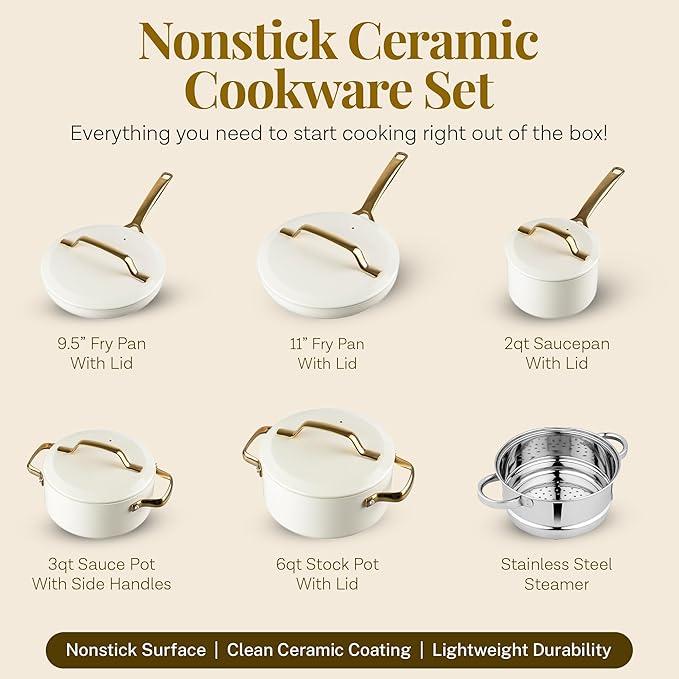 Gotham Steel Modern 11 Pc Ceramic Cookware Set, Elegantly Designed Pots and Pans Set Non Stick with Steamer, Induction Bottom, Premium Stay Cool Handles, Non Toxic PFOA Free, Oven & Dishwasher Safe