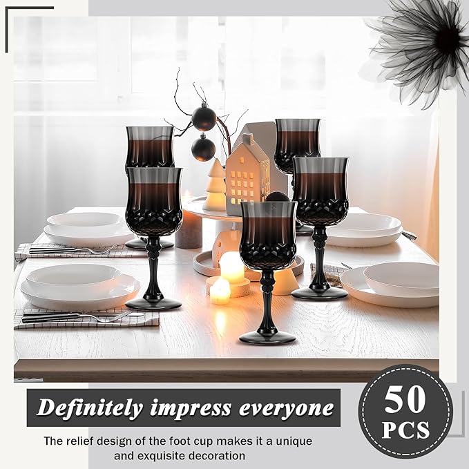 Pinkunn 50 Pcs 7 oz Plastic Vintage Wine Glasses Reusable Colored Goblets Patterned Drinking Water Glasses Cup Dishwasher Safe for Christmas Wedding Reception Party Supplies (Black)