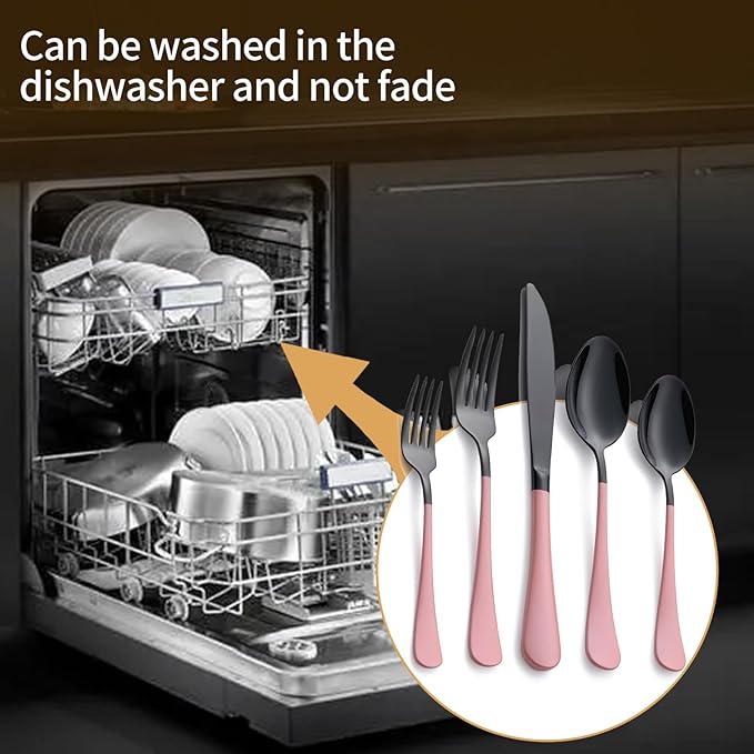 20-Piece Black Silverware Set 18/0 Stainless Steel Silverware Set Light pink Handle Cutlery Set Service for 4 Dinner Knives Forks Spoons Set Flatware Set Finish Dishwasher Safe