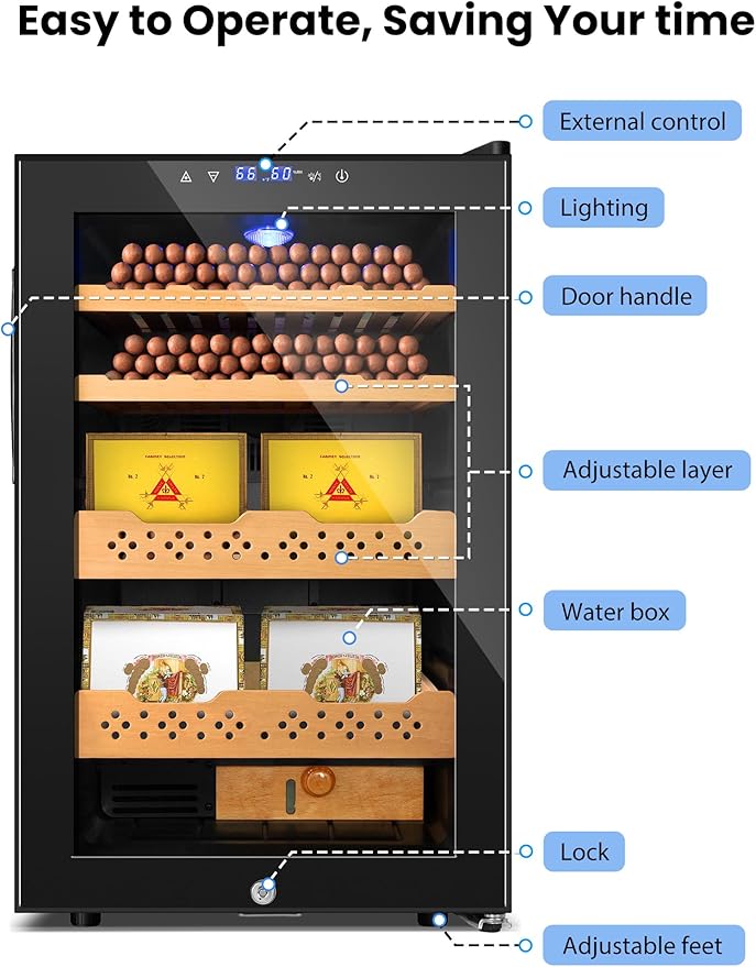 Electric Cooler Cabinet Desktop Cabinet 70L with Professional Temperature and Humidity Digit Control System Spanish Wood Shelves 400 Capacity for Home Office Gift