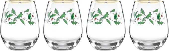 Lenox 888202 Holiday 4-Piece Stemless Wine Glasses, Christmas Drinkware Set, Hosting