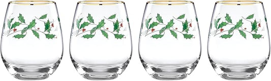 Lenox 888202 Holiday 4-Piece Stemless Wine Glasses, Christmas Drinkware Set, Hosting