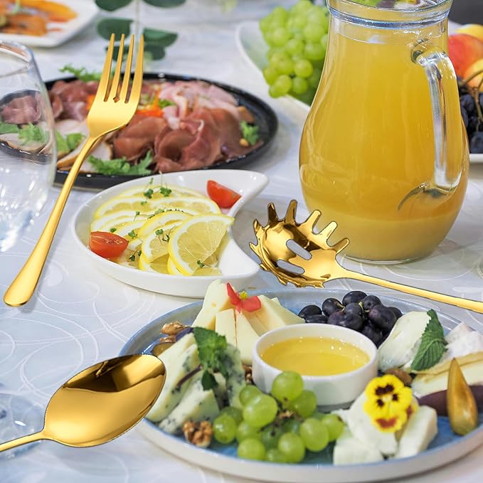 HOUSEWARE Gold Catering Utensils Set,11 Pieces Stainless Steel Flatware Serving Set for Buffet Party include Cake Knife Cutter Large Fork Spoon ladle Skimmer Spatula Turner Server