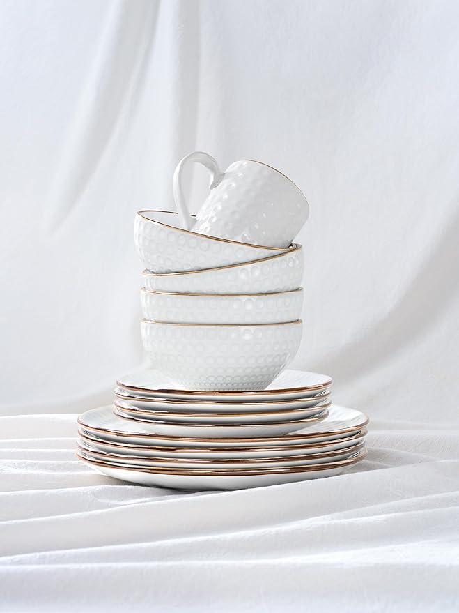 Famiware Eden Plates and Bowls Sets, Stoneware Dinnerware Sets with Gold Trim, 18 Pieces Dishes Set for 6 - Chip and Scratch Resistant, Microwave and Dishwasher Safe, White Circle