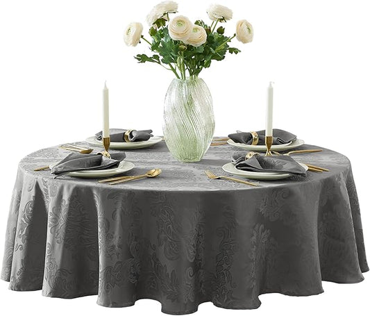Newbridge Christmas Barcelona Damask Fabric Tablecloth, 70 Inch Round, Grey – No Iron, Soil Resistant Table Cover for Dining, Parties and Holidays