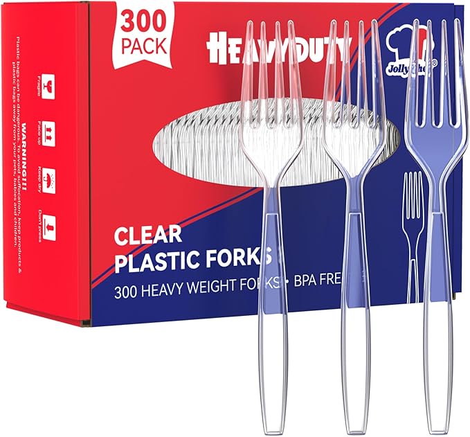JOLLY CHEF 300 Count Clear Plastic Forks Heavy Duty, 7.1" Heat Resistant Solid and Durable Plastic Forks Disposable, Disposable Bulk Cutlery Suitable for Parties Supply Events Everyday Use