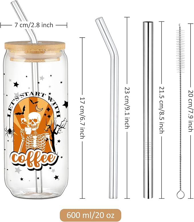 Joeyan Halloween Glass Cups with Lids and Straws,20 oz Iced Coffee Tumbler with Skull and Black Star Patterns,Funny Can Shaped Beer Drinking Glasses,Holiday Gifts for Women Mom Friend Teen