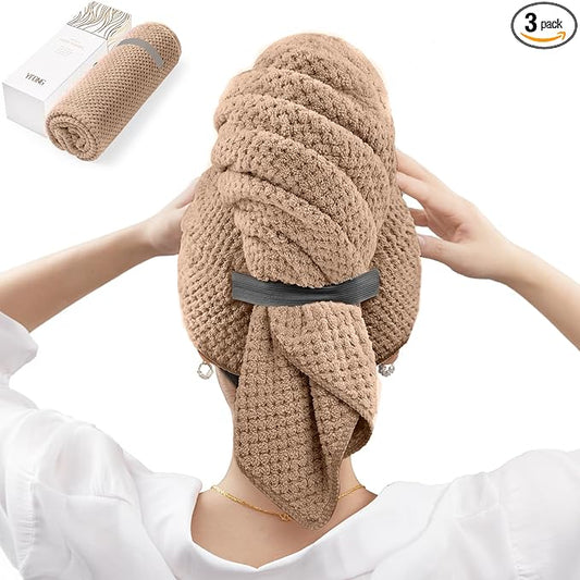 YFONG Large Hair Towel Wrap for Women, Super Absorbent Microfiber Hair Towel for Curly Hair, Fast Drying Hair Turbans with Elastic,Hair Drying Towel Wrap for Hair Care Anti Friz 26.3" X 40" (Brown)