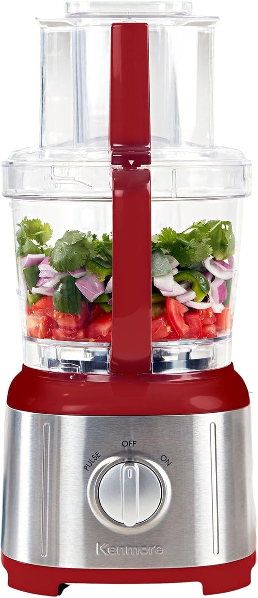 Kenmore 11 Cup Food Processor - Vegetable & Fruit Salad Cutter, Multifunctional, Chopper, Clicer, Mincer, Puree, Grater, Blades, Shredder, Compact Stainless Steel Kitchen Appliances, 500 W Red
