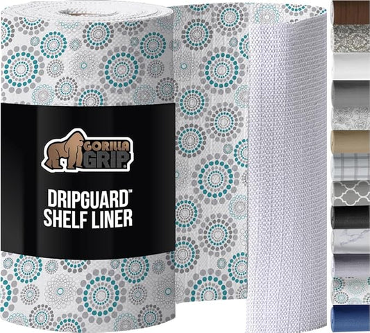 GORILLA GRIP DripGuard Shelf Liner, Non Adhesive Drawer and Kitchen Cabinet Protector, Slip Resistant BPA Free Smooth Surface Plastic Liners for Cabinets, Bathrooms, Closets, 17.5x240 Inch, Spiral