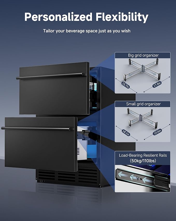 24 Inch Under Counter Fridge, Outdoor Refrigerator with Dual Drawers, Stainless Steel Door, Fast Cooling, Low Noise, Grid Organizers, Drawer Fridge for Home, Outdoor & Commercial (Black)