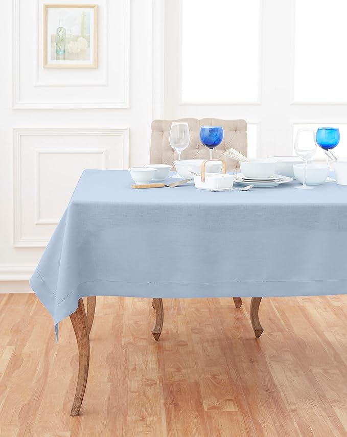 Solino Home Square Linen Tablecloth 52 x 52 Inch - 100% Pure Linen Sky Blue Table Throw - Classic Hemstitch, Machine Washable Table Cloth for New Year