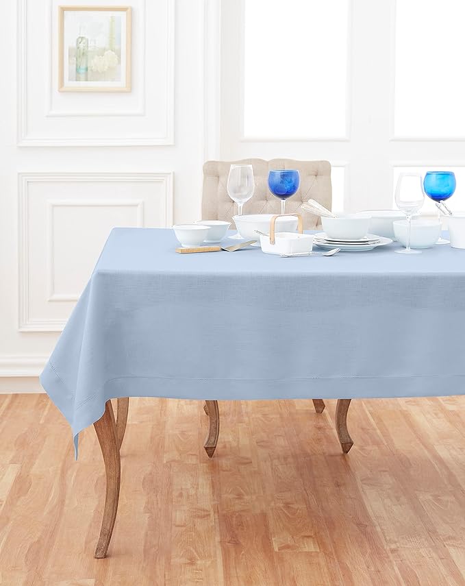 Solino Home Linen Tablecloth 60 x 90 Inch - Classic Hemstitch 100% Pure Linen Sky Blue Table Cloth for Rectangle Tables - Machine Washable Tablecloth for Holiday, New Year
