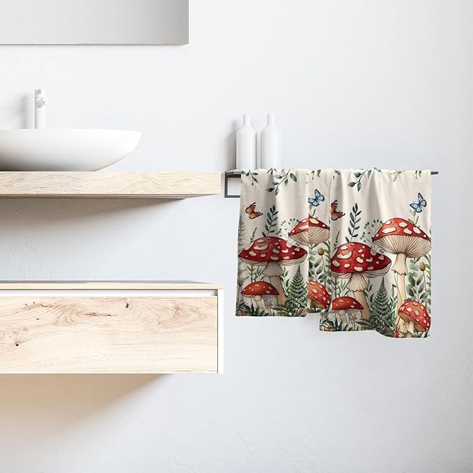 Imiss Boho Mushroom Hand Towels 2Pcs Green Leaves Kitchen Tea Towel 14.4 x 28.3 Inch Butterfly Decorations Soft Microfiber Guest Face Towel for Hotel,Bathroom,Home