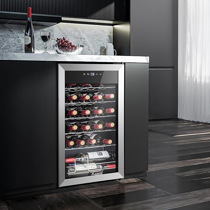 AAOBOSI 17 Inch Wine Cooler, 24 Bottles Wine Fridge, Wine Refrigerator Small with LED Display Light, Freestanding Wine Cellar with Low Noise Compressor, Adjustable Shelves