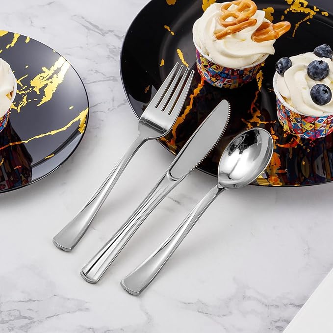 Goodluck 150PCS Silver Plastic Silverware, Silver Utensil Disposable, Plastic Cutlery Set of 50 Forks, 50 Spoons, 50 Knives for Wedding, Party, Christmas