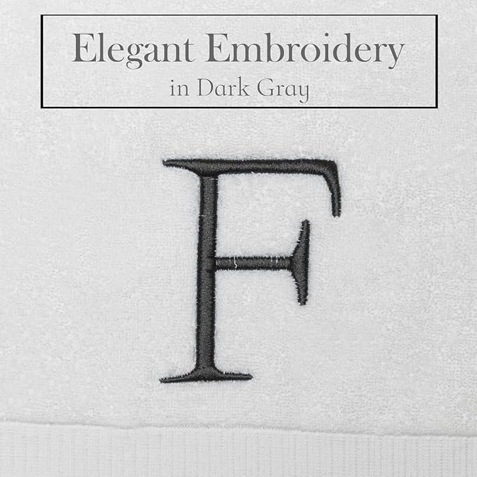 Dark Gray Monogrammed Hand Towel for Bathroom - Initial Hotel Quality Decorative Embroidered Luxury Towel for Powder Room, Spa - GOTS Organic Certified - Pack of 2, Letter F