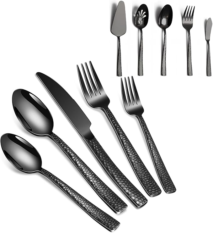 45-Piece Silverware Set with Serving Utensils Set, Black Hammered Stainless Steel Flatware for 8, Food-Grade Tableware, Including Fork, Knife, Spoon Set, Home Kitchen Cutlery, Dishwasher Safe