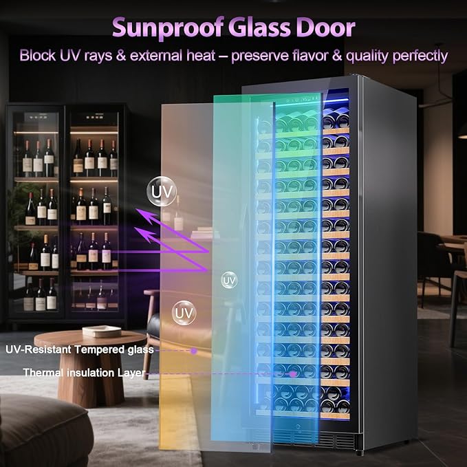 Wine Cooler-Wine Fridge with Safety Lock Freestanding/Built in 24 Inch Wide Large Wine Refrigerator for 154 Bottles,Cellar Chiller Low Noise, Fast Cooling, Black