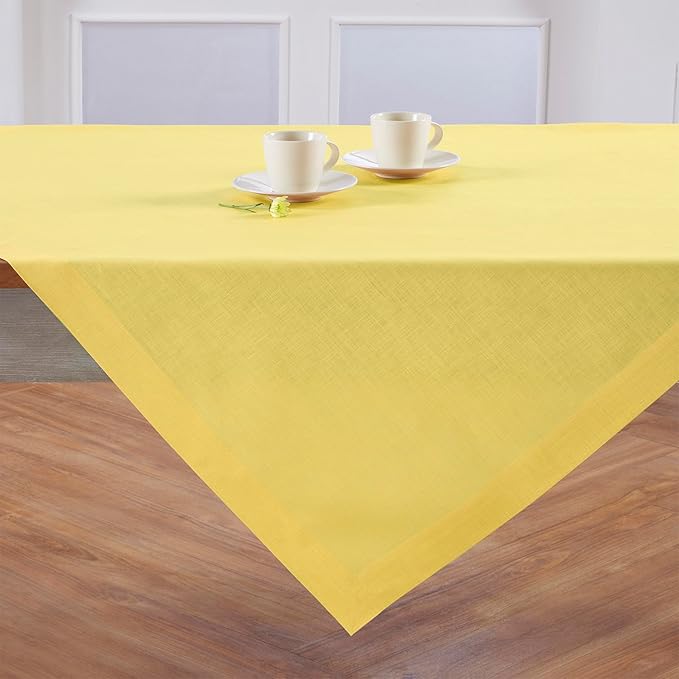 Solino Home Linen Square Tablecloth 52 x 52 Inch - 100% Pure Linen Sunshine Yellow Table Throw - Fete, Machine Washable Table Cloth