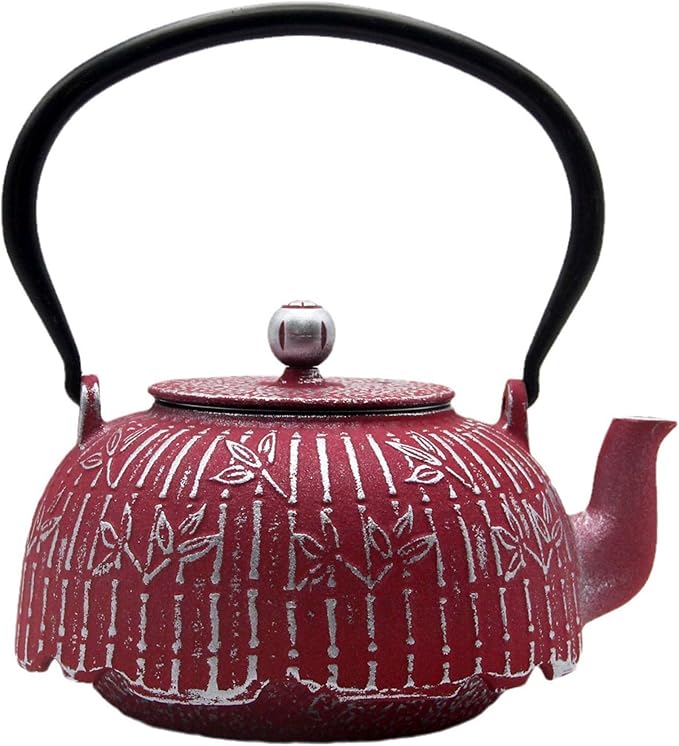 Tea Kettle, Japanese Cast Iron Teapot with Stainless Steel Infuser, Cast Iron Tea Kettle, Durable Teapot Coated with Enameled Interior (40.6oz Burgundy Bamboo Leaf Pattern)