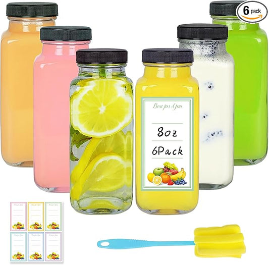 6 Pack 8oz Glass Juice Bottles with Lids, 250ml Reusable Glass Juicing Bottles, Square Drinking Jars Drink Containers with Caps for Water, Milk, Ginger, Kombucha, Beverages
