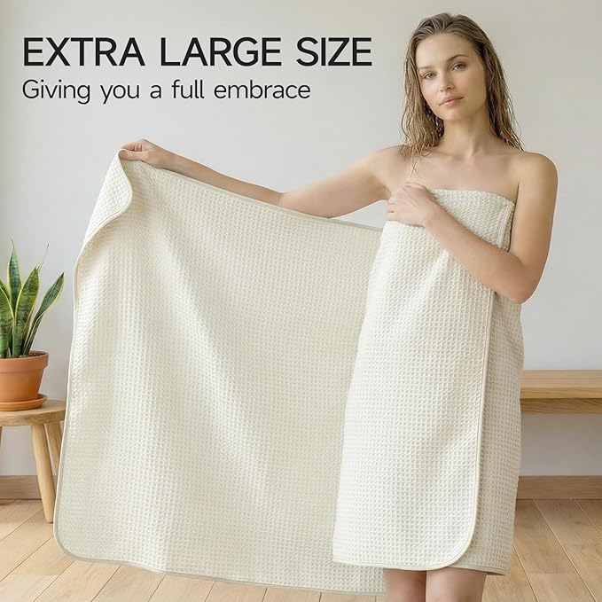 REDKISS 8 Pack Microfiber Waffle Bath Towels - Beige Waffle Towels for Bathroom, Extra Large, Highly Absorbent, Quick Dry Bath Towel Set, Lint Free Bathroom Towel for Gym, Shower, Hotel and Spa