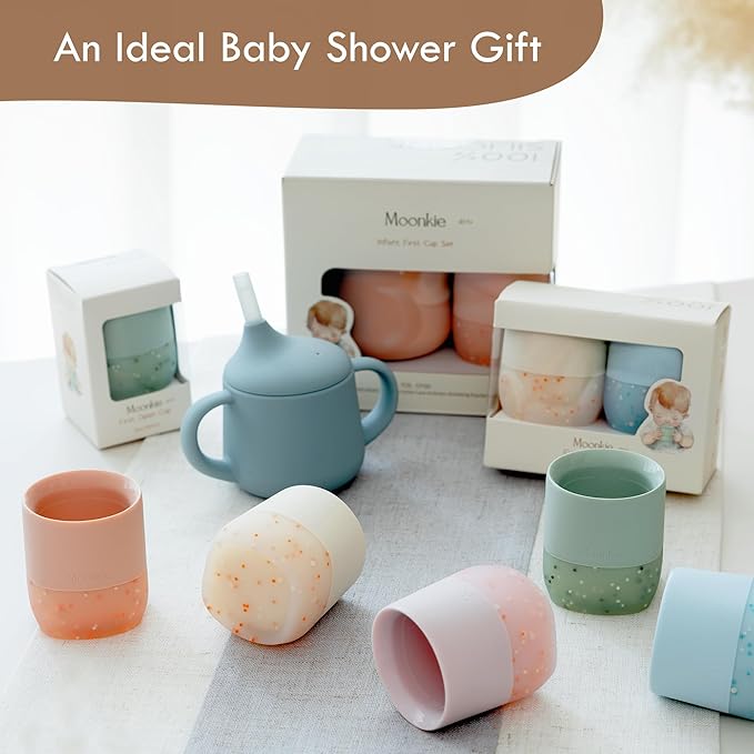 Moonkie Baby Training Cup & Sippy Cup Set | 4 Months+ | Baby-Led Weaning Essential | Gift for Infants (Blush Cup Set, 2 Pack)