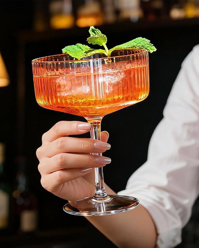 4 Pcs Coupe Glasses, Hand Blown 10 oz Cocktail Glasses, Ribbed Martini Glasses, Gift Boxed Drinking Glasses Set Pefect for Espresso Martini, Manhattan, Cocktail, Wine, Champagne