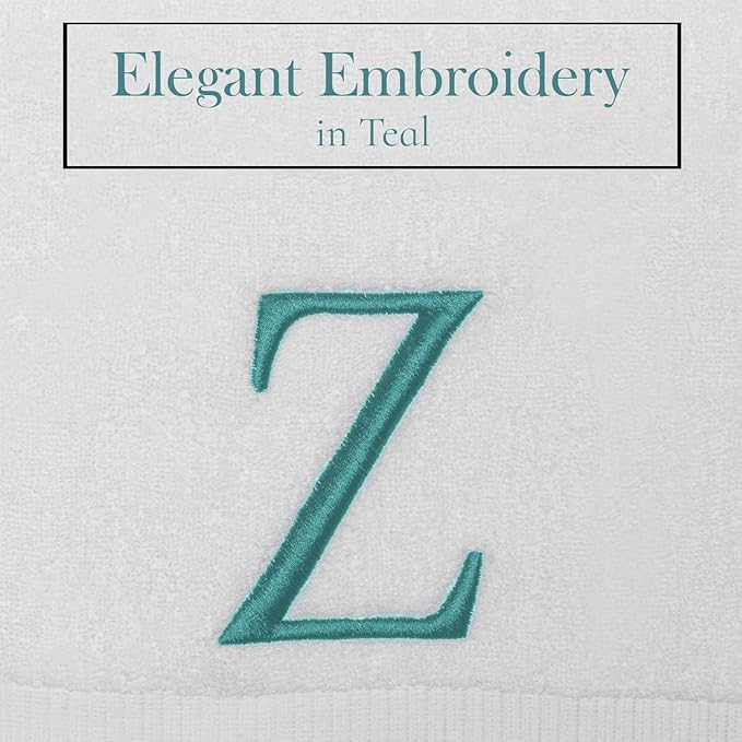 White Monogram Hand Towel for Bathroom - Monogrammed Initial Hotel Quality Decorative Embroidered Luxury Towel for Powder Room, Spa - GOTS Organic Certified - Set of 2 Teal Letter Z