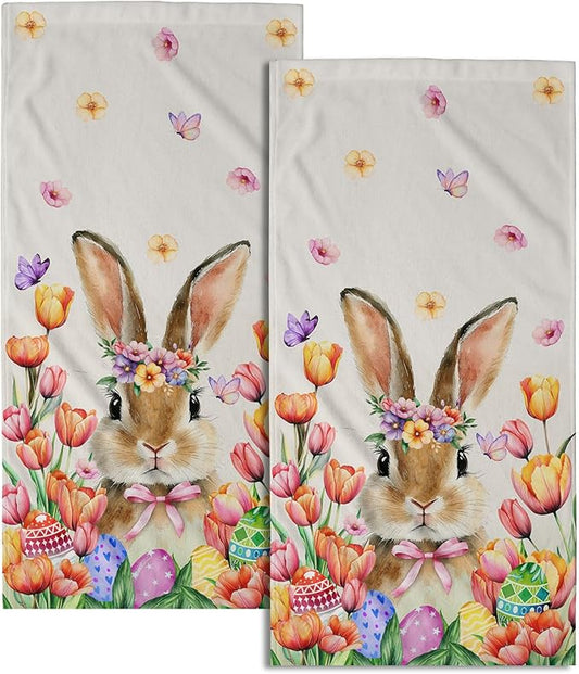 Imiss Rabbit Hand Towels 2 Pcs Spring Tulip Flowers Cute Bunny Holiday Decoration Guest Towel 14.4 x 28.3 Inch Easter Kitchen Dish Towel for Bathroom,Gym,Spa,Hotel Decor
