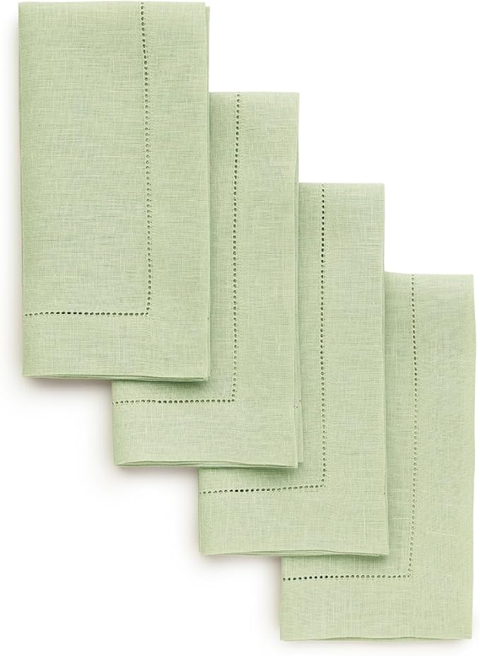 Solino Home Linen Napkins Set of 4 - Classic Hemstitch 100% Pure Linen Sage Green Dinner Napkins Cloth 20 x 20 Inch for Winter, New Year - Handcrafted and Machine Washable