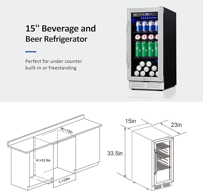 15 Inch Beverage Refrigerator and Cooler - 125Cans Capacity Mini Beer Drink Fridge with Glass Door and Lock Under Counter Built-in or Freestanding - for Soda, Beer, Wine - for Home Bar Kitchen