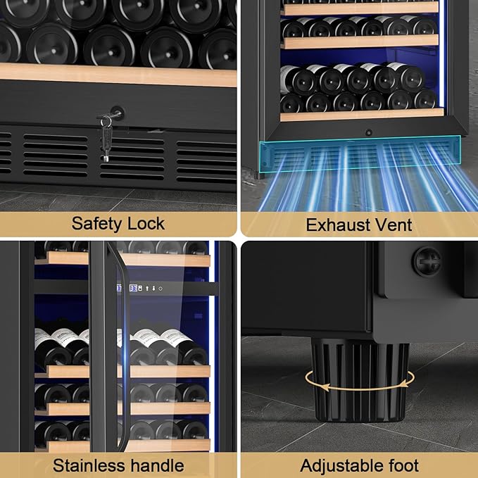 24" Inch Dual-Zone Wine Fridge, Freestanding/Built-in Wine Cooler Refeigerator, Large Capacity Tall Wine Cellar For Wine Collection, Wine Chiller with Safety Lock, Low Noise and Fast Cooling