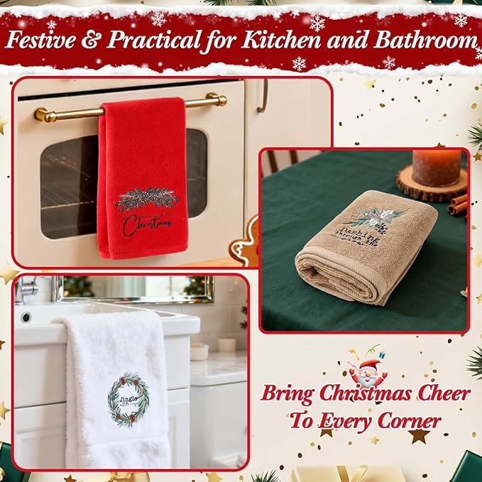 4 Pack Christmas Towels Cotton Embroidered Holiday Hand Towels Gifts 29.5'' x 13.8'' Soft Absorbent Festive Kitchen Dish Cloths Bathroom Decorative Xmas Guest Housewarming Party Supplies