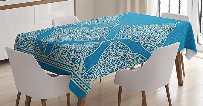 Ambesonne Moroccan Tablecloth, Eastern Old Fashion Damask Moroccan Heraldic Traditional Oriental Art Illustration Print, Rectangular Table Cover for Dining Room Kitchen Decor, 60" X 90", Blue