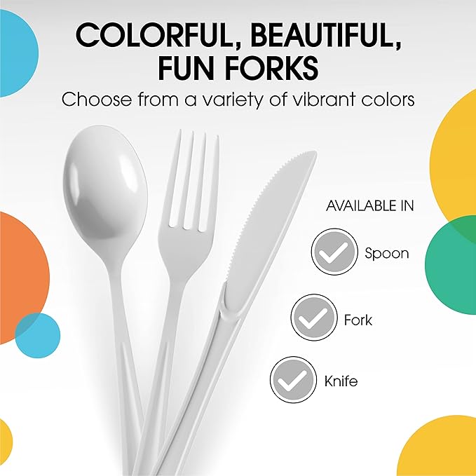 Party Solids White Plastic Forks 200 Pieces White Forks Disposable Utensils Heavy Duty Plastic Cutlery Set Disposable Cutlery Sets Flatware Sets Silverware Set Party Supplies & Party Tableware