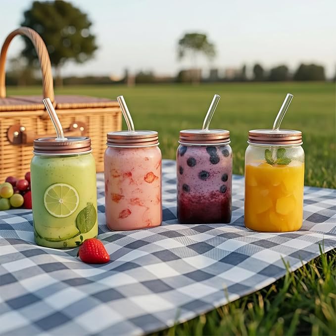 16oz Glass Cups with Lids and Straws - 4Pcs Drinking Glasses Set for Coffee Bar Accessories,Iced Coffee Cups with Lids,Matcha Cup Glass Tumbler Reusable for Gifts